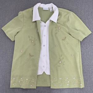 Vintage Alfred Dunner Cardigan W/ Top Attached Collared Green White Sz 14 Floral